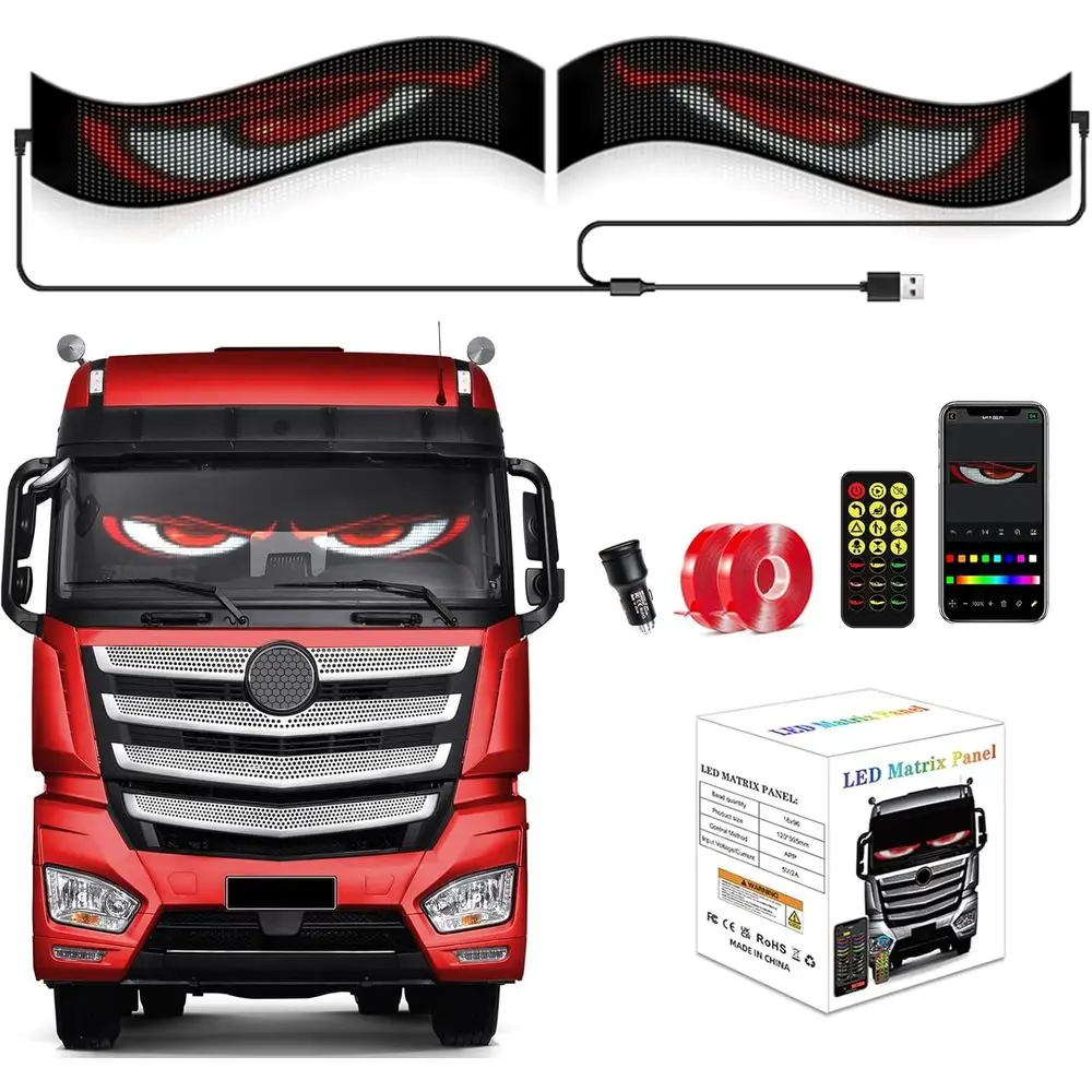 

Анимированные светодиодные глаза на лобовое стекло — Lightride, 24x5 дюймов, черная гибкая светодиодная панель для автомобилей, грузовиков и внедорожников, программируемые световые эффекты