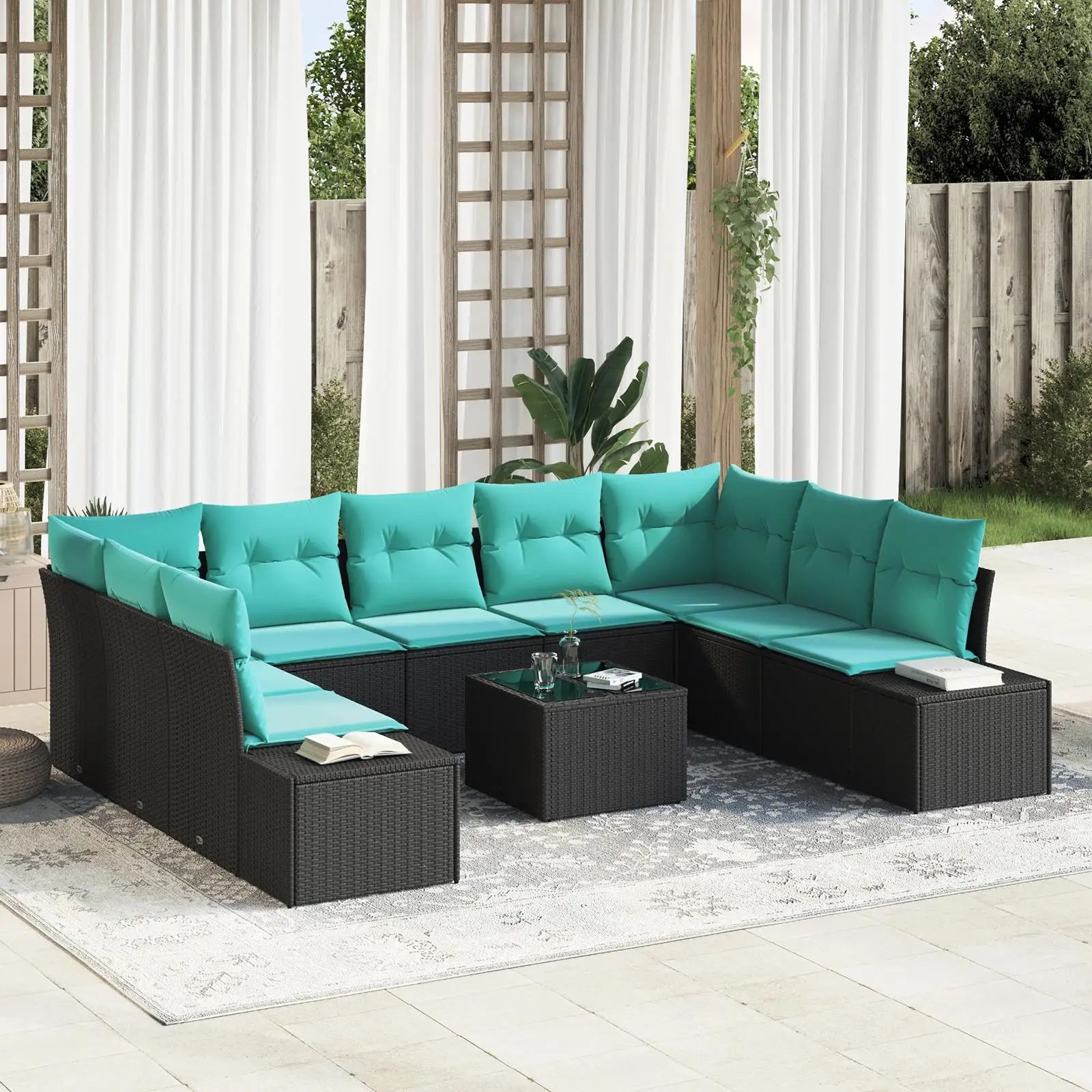 

10 Piece Outdoor Sofa Set with Cushions Black Rattan Furniture Garden Lounge