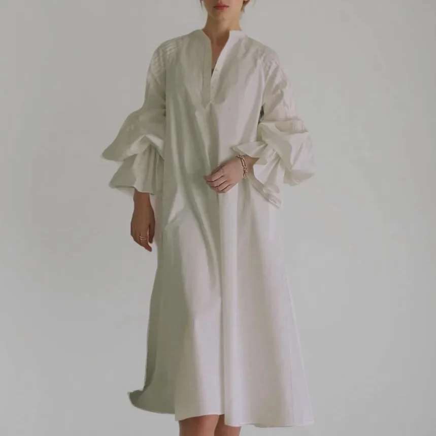 

SuperAen 2024 Korean Style Simple Solid Color Dress Women's Autumn New Style Lantern Sleeve Half Open Collar Loose Long Dress