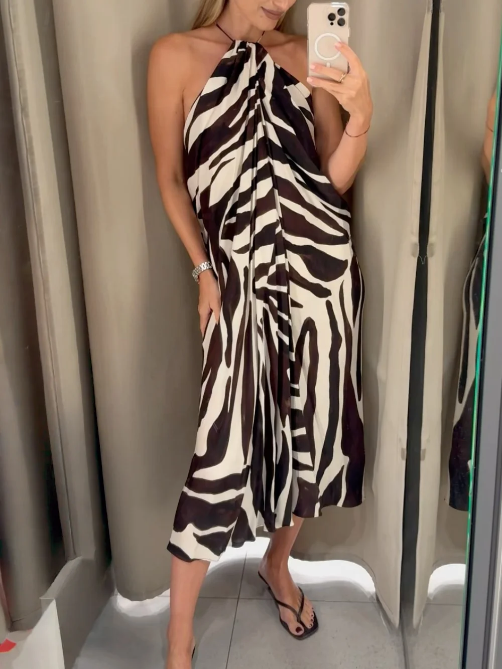 

Female New Fashion Chic Sleeveless Dresses Printing Backless Lace-Up Decoration Women's Summer Elegant Long Dress Trendy