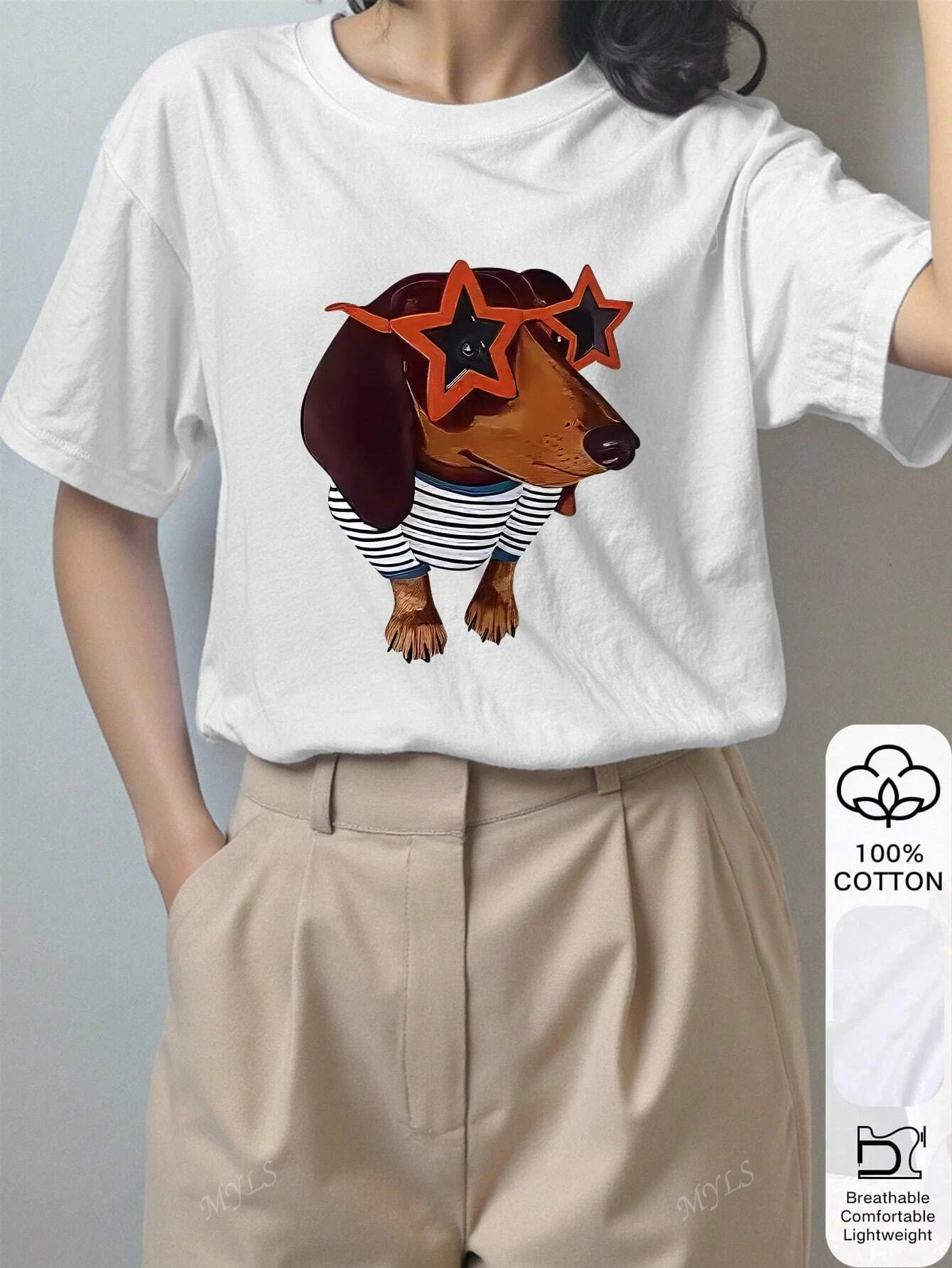 Lustiges Dackel-Hund-Druck-T-Shirt für Damen, Baumwolle, Sommer-T-Shirt, bequem, weich, O-Ausschnitt, übergroße Tops, Straßen-Damenkleidung