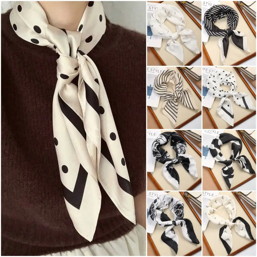 

Trendy Square Silk Scarf Double Sides Black White Head Handkerchief 70*70cm Handbag Wraps Hair Scarf Female