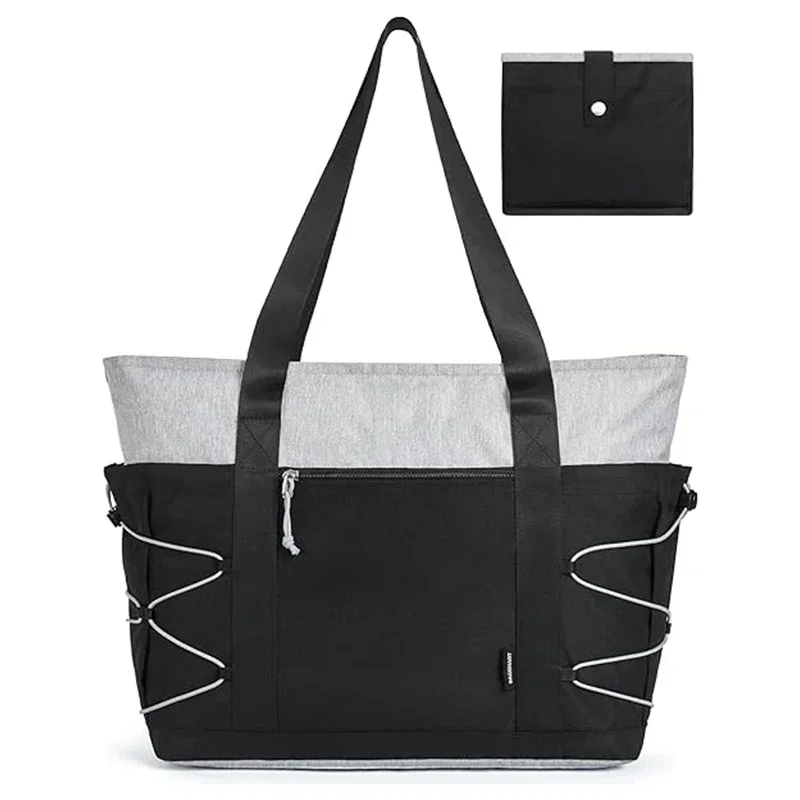 Black Travel Tote Bag for Women, Foldable Beach  with Zipper A Little Wallet PLDFJ001