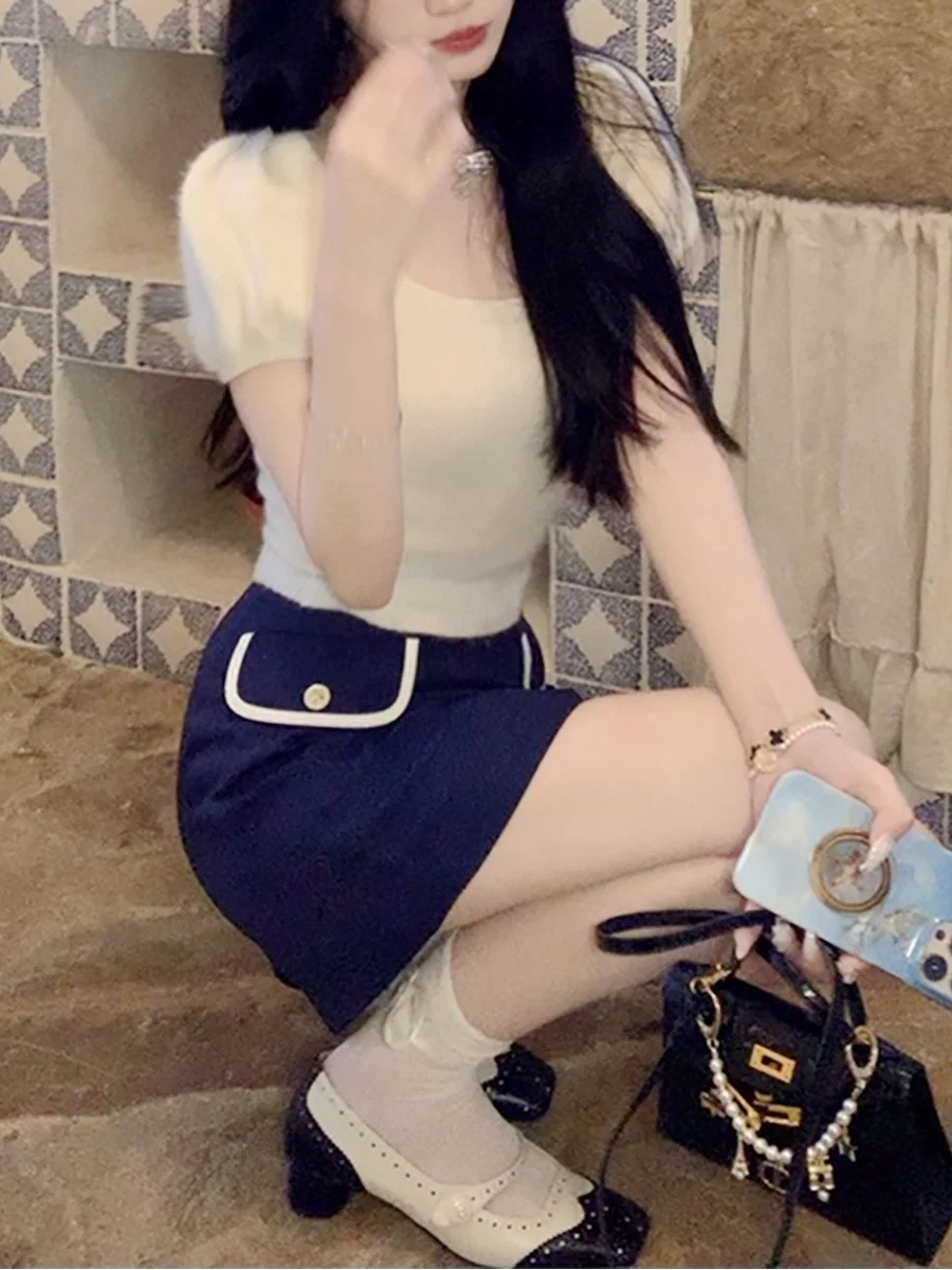

Soft Princess Style Knitted Base Shirt Women's Fashion Autumn Winter Color Wool Blend Short Sleeve Top for Ladies