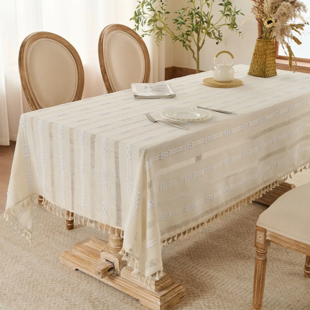 Hemstitched Striped Boho Table Cloth Linen Embroidery Stripe Tassel Edge Farmhouse Tablecloths  Resistant Washable Table Cloths