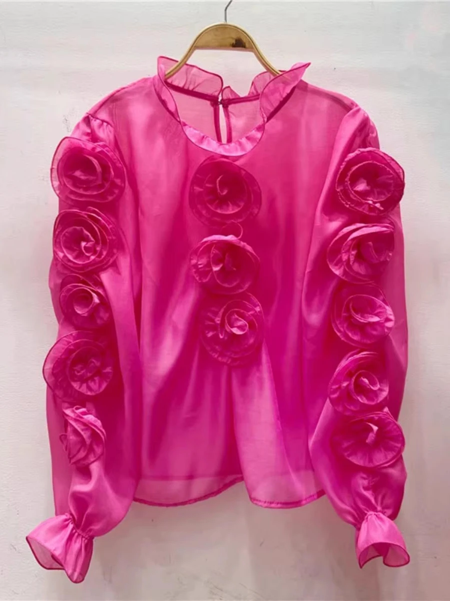 GALCAUR Solido Allentato Impiombato Fiori 3D Camicetta Elegante per Le Donne Girocollo Maniche Lunghe Patchwork Fungo Top Abbigliamento Femminile Nuovo