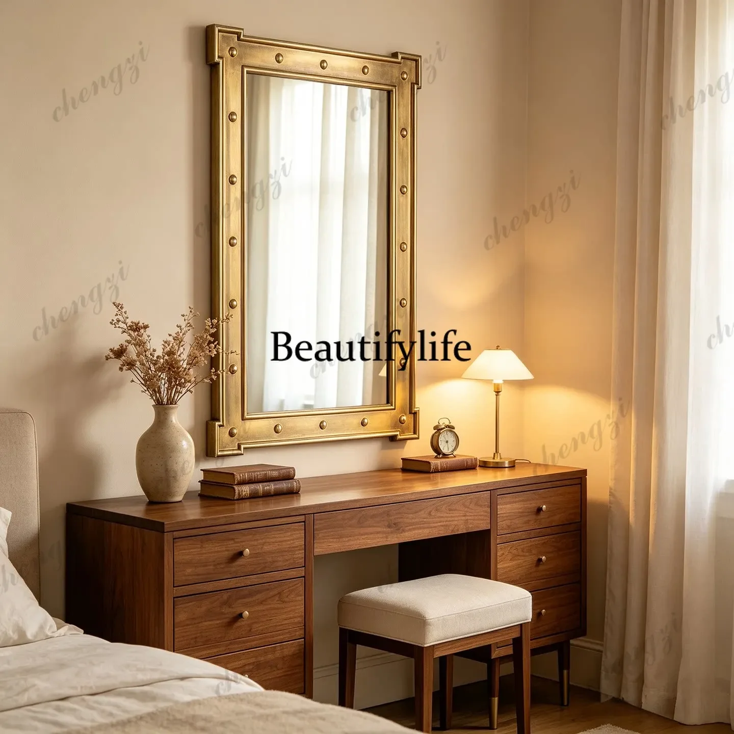 B32 French retro square makeup mirror American bedroom vanity mirror European bathroom mirror wall hanging