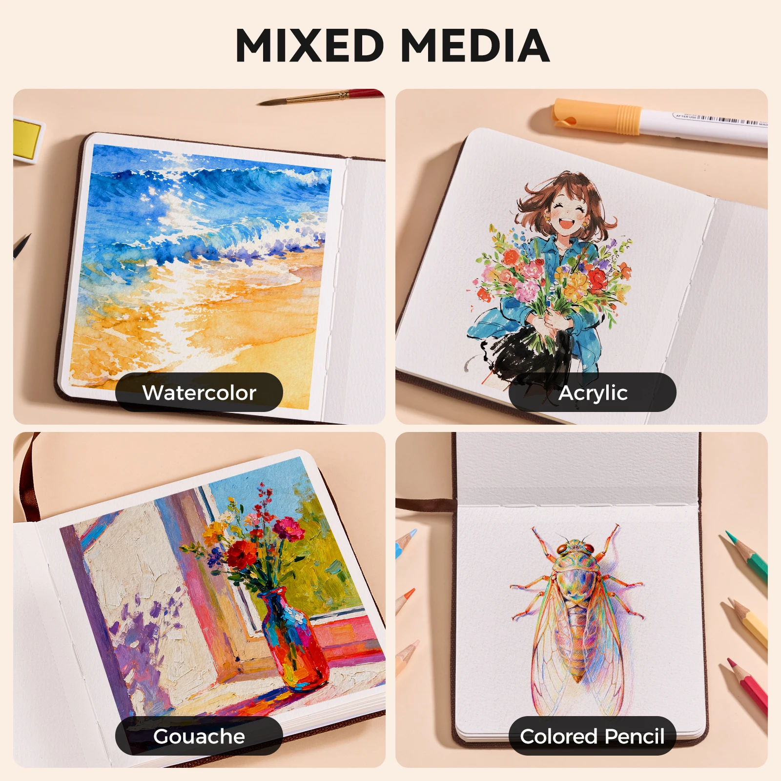 Dziennik akwarelowy - papier 100% bawełna, tłoczony na zimno |   20 kartek 40 stron |   300 g/m² |   Szkicownik akwarelowy z okładką z lnu i bawełny