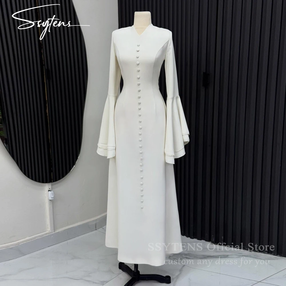 

SSYTENS Customized White Saudi Evening Dresses Draped Satin Party Gown Full Sleeve A-line Floor Length Simple Wedding Prom Dress