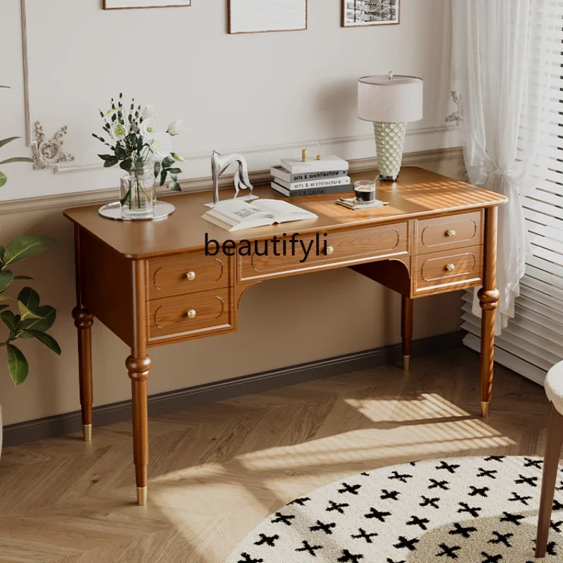 

French Style Antique Desk Bookshelf Integrated Solid Wood Retro Dressing Table Desk
