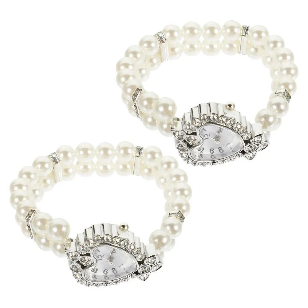 

2 Pcs Bracelet Watch Pearl Watches for Women Bling Vintage Heart Shaped Crystal Rhinestone Wrist Accessories Gift
