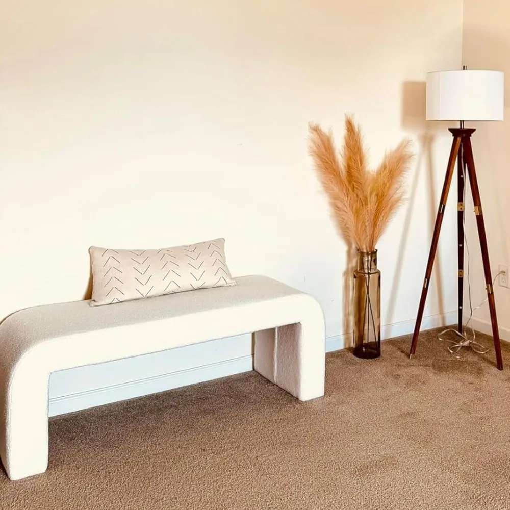 White Modern Boucle Bench Set of 1, Rectangular Sherpa Entryway Bench, Upholstered Ottoman, Indoor Bench Footrest