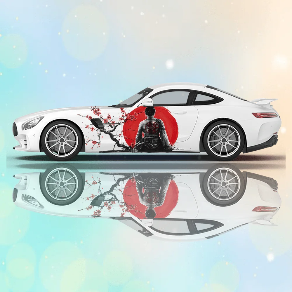 2PCS Japanese samurai with a sword tattooed on his back kneeling in a plum grove; car sticker with full body floral decoration c