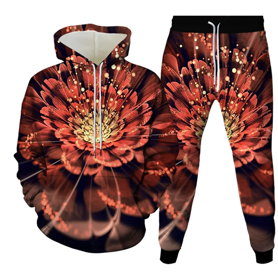 Conjunto de chándal de dos piezas para hombre, Sudadera con capucha y estampado 3D de girasol, planta, hoja, hierba, moda