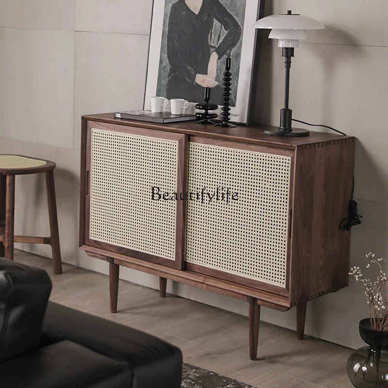 

*Side cabinet Nordic Japanese modern simple solid wood tea cabinet rattan