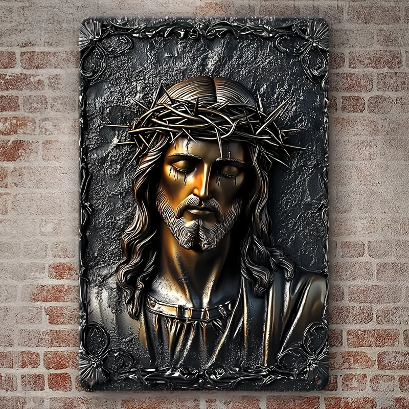 

2D Bohemian Style Aluminum Jesus Wall Plaque, Metal Art with Thorny Crown & Floral Motif, Ideal for Home, Farmhouse, Bar Decor