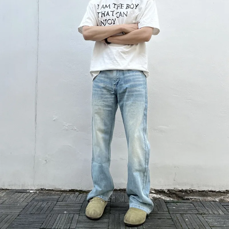 Men Vintage Washed Flare Jeans Loose Wide‑Leg Bootcut Denim Pants Retro Streetwear Casual Long Trousers For Male