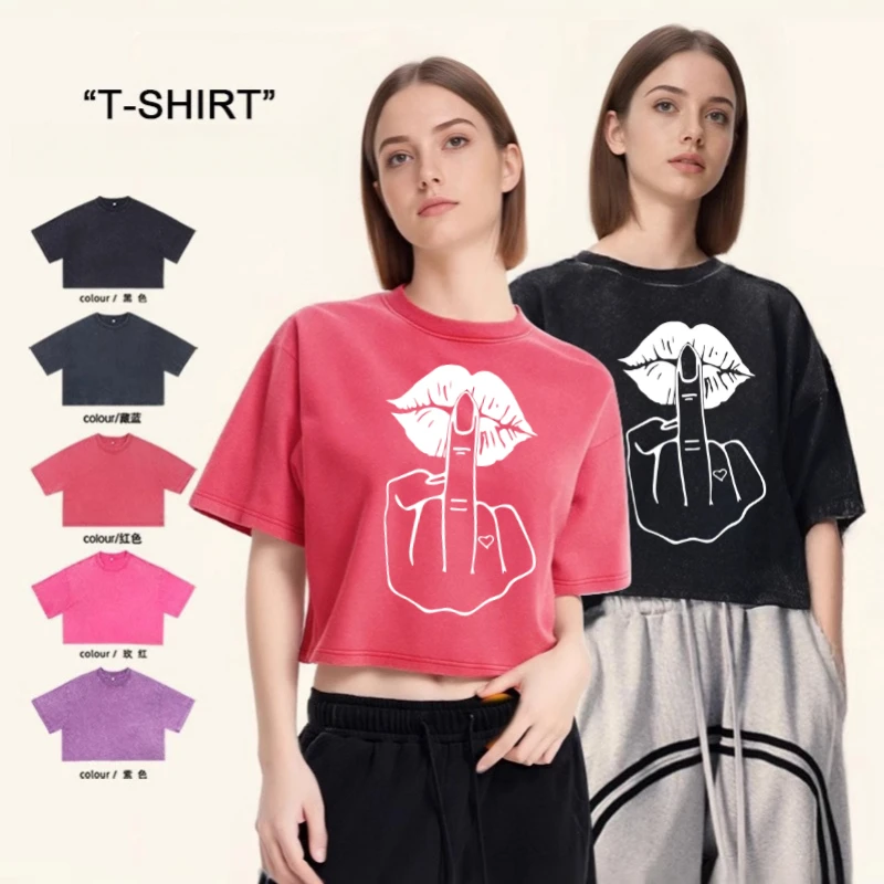 Give you a kiss like a middle finger Print Summer Cotton Round Neck T-shirt Washed Loose O Neck Short Sleeved Women Top
