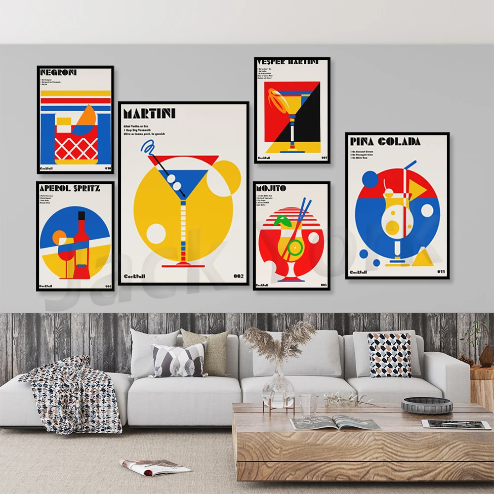 Retro 80s Minimalist Bauhaus Negroni Cocktail Art Print - Decorative Poster for Home Bar And Kitchen