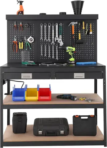 TWISTER.CK 48" Workbench with Drawers & Pegboard – Heavy-Duty Metal Tool Bench for Garage & Workshop, 1,000 lb Capacity, 0.48" Hardwood Top, 4 AC Outlets