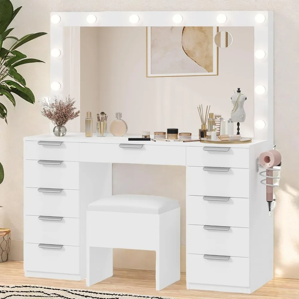 Vanity Desk with Large Mirror & 3-Color Light Bulbs, Wide Wood Top Makeup Vanity with Charging Station, 11 Drawers