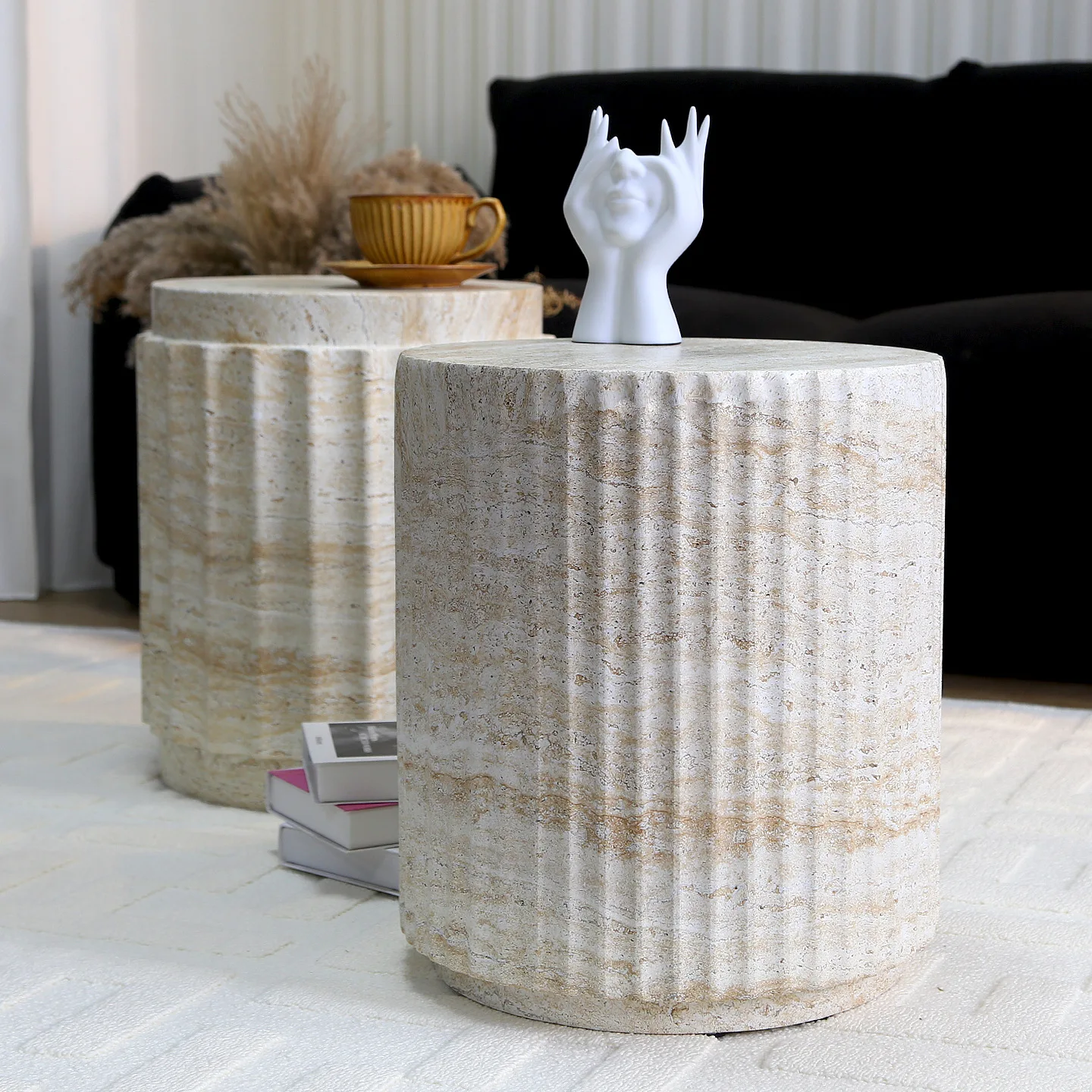 Imitation travertine texture Roman column edge middle ancient style home round coffee table
