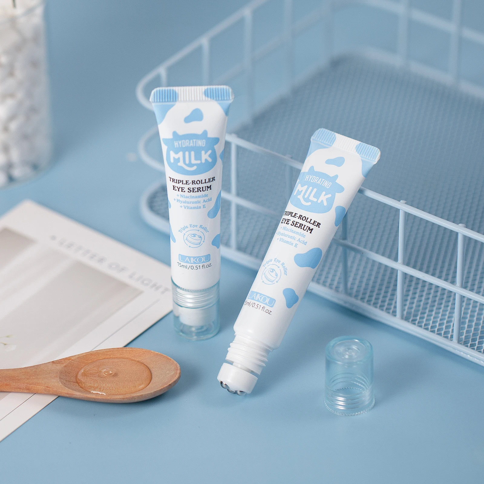 LAIKOU Milk Eye Care Set, Triple‑roller Eye Serum 20g + 10Pairs Milk Radiance Eye Mask, Hydrating Nourish Eye Skin