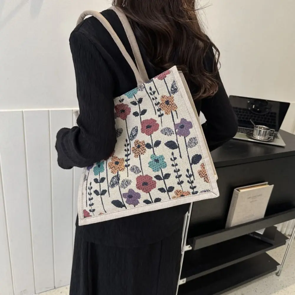 Large Capacity Flowers Canvas Bag Kawaii Korean Tote Bag Flowers Tote Bag Storage Bag Mommy Bag Printing Cloth Lunch Bag Travel