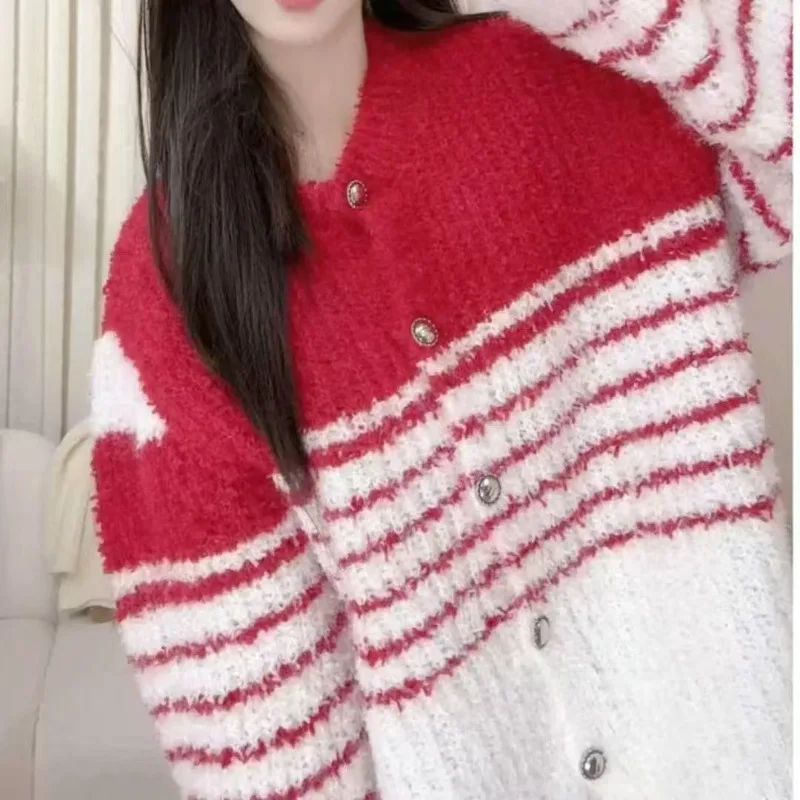 

Sweater Cardigans Striped Woman Autumn Winter Knitted Korean Sweater Jacket Coat Long Sleeve Elegant Sweet Casual Autumn Winter