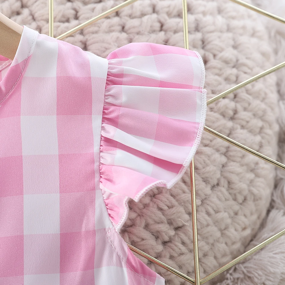 Summer Girl Clothes Pink Check Girls Dress Flying Sleeve Bowknot Casual Wear Children\'s Costume for 2-6Y 8 sold