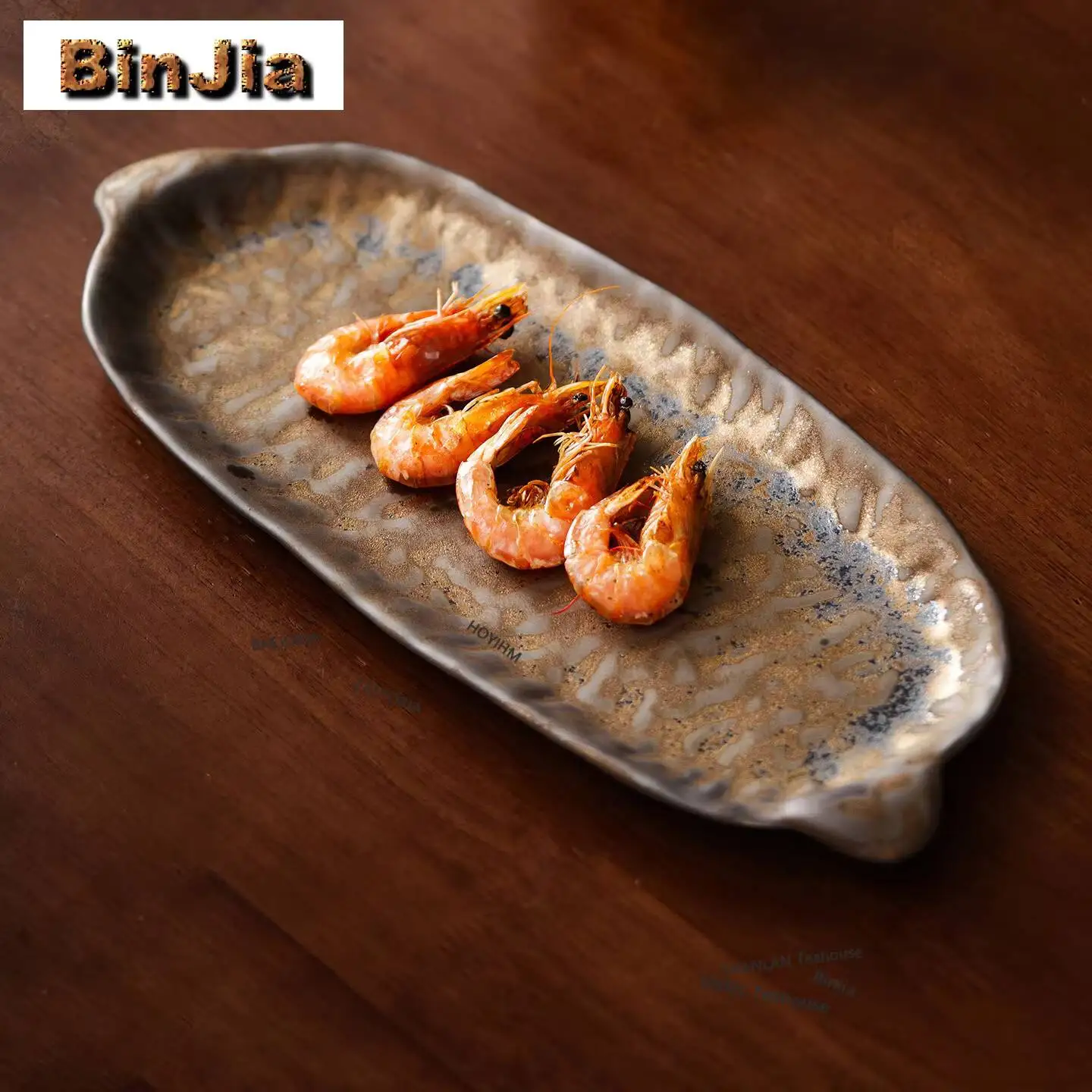 Kiln Fambe Gilded Glaze Double-ear Long Strip Plate New Household Fish Plate Dessert Plate High-end Commercial Serving Plates view 2