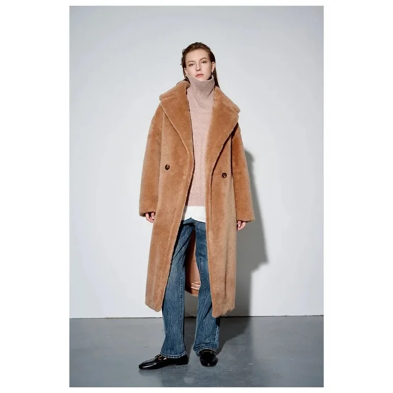 Top Quality New Teddy Coat Women, Luxury Genuine Fur 62% Alpaca 26% Wool 12% Silk, Winter Warm Long Teddy Coat Jacket for Women