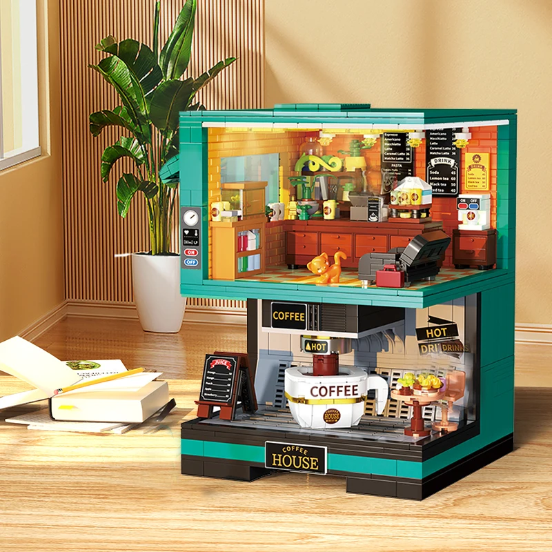 

City Creative Double Layer Coffee Shop Model Office Desktop Decoration Micro Building Blocks Toys Christmas Gifts