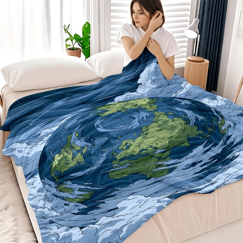 Cosmic Blue Earth Globe Print Throw Blanket Oceanic Wave Planet Art Decorative Cozy Comfort Gift for Bed Couch