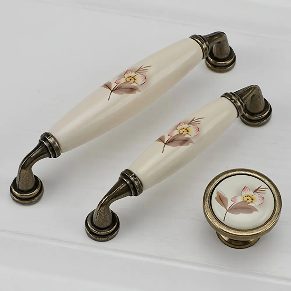 European Style Retro Knob Handle Floral Print Sturdy Furniture Cabinet Handles Ceramic Alloy Wardrobe Door Handle
