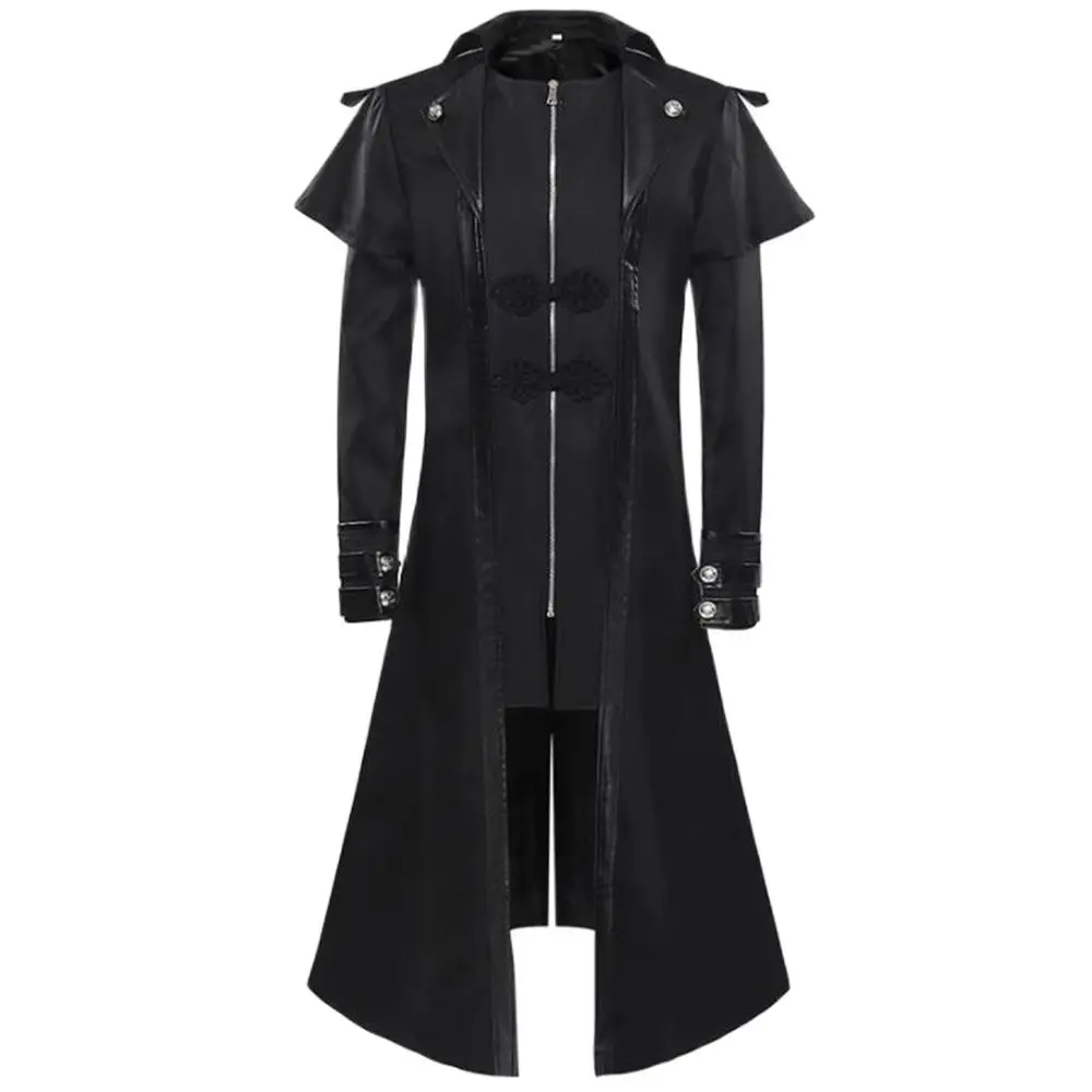 

European American Trench Male Dress Medieval Retro Clothing Mid-Length Punk Tuxedo Dress Up Long Outerwear Dark Style Overcoat