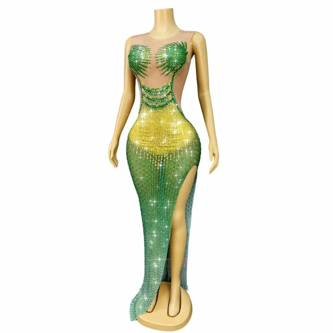 Jinque Sexy Sleeveless Birthday Party Dress Gorgeous Water Diamond Perspective Mesh Split Dress Singer Dancer Performance Dress