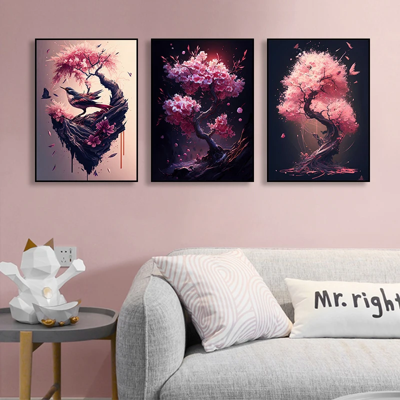Japanese Sakura Wall Art Poster Print Canvas Painting  Pink Watercolor Cherry Blossom Aesthetic Pictures for Living Room Decor