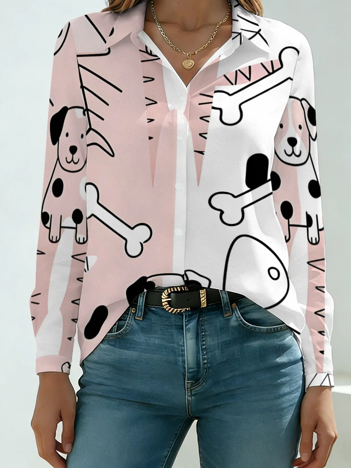 Dog Lover Minimal Womens Collared Shirt Pink White Two-tone Gradient Cartoon Dalmatian Allover Print Long Sleeve Street Dating