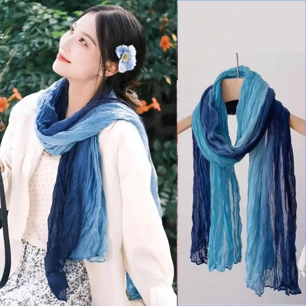 

New Vintage Gradient Scarf Wasteland Style Versatile Long Pleated Shawl Lightweight Breathable Beach Scarves for Autumn Winter