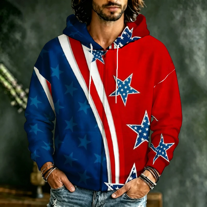 Men Zip Hooded Sweatshirt 3D American Flag Star Stripe Paisley Bohemian Print Drawstring Casual Outer Garment For Male