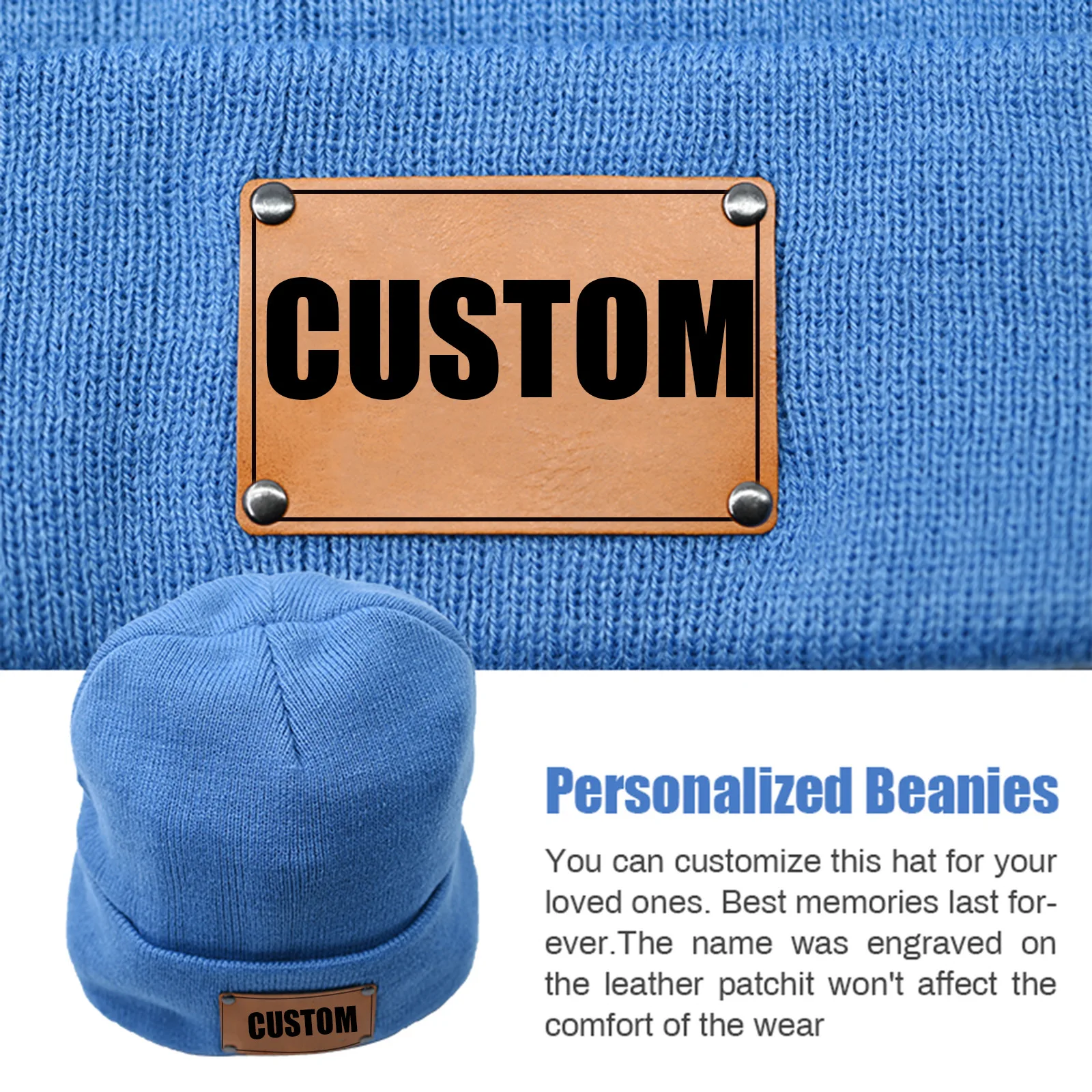 Custom Beanies Leather Patch, Personalized Beanies Add Your Own Text Photo Logo Skull Cap Winter Warm Hat for BOY GIRL Men Women