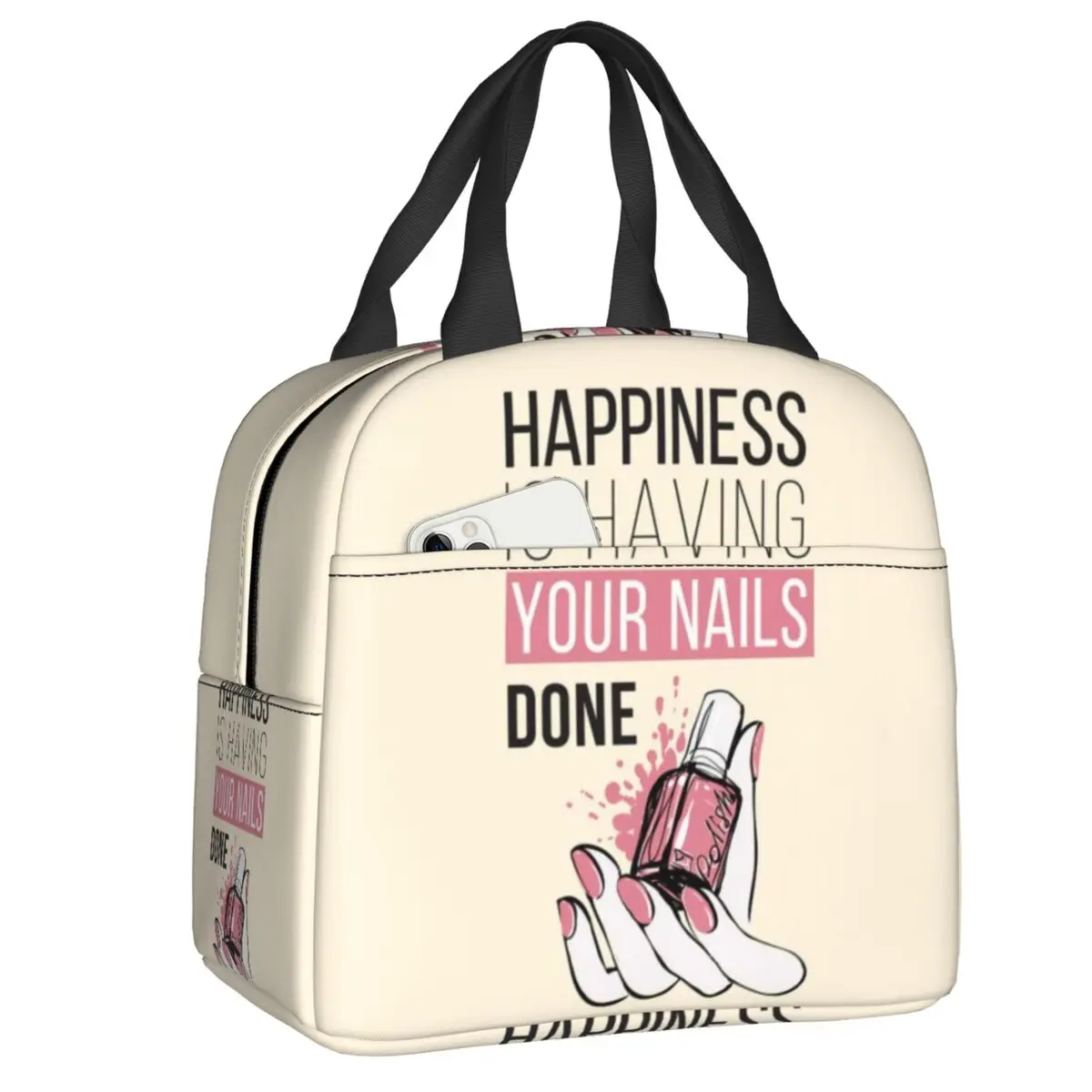 

Custom Cartoon Nail Polish Pattern Resuable Lunch Box for Women Manicure Manicurist Cooler Thermal Food Insulated Lunch Bag