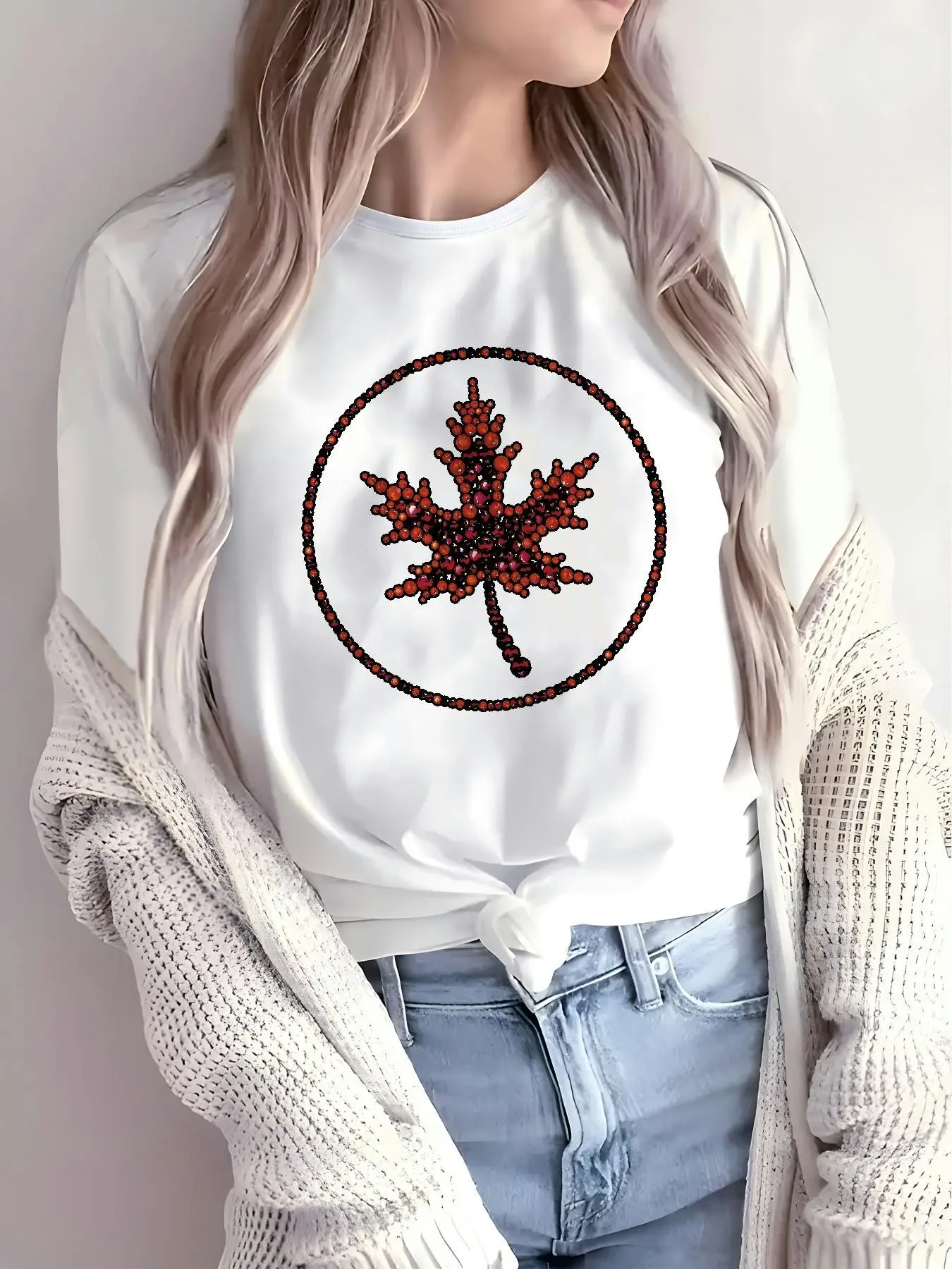 White Maple Leaf Print Long Sleeve T-Shirt Relaxed Fit Top with Red & Black Leaf Design Y2k Ladies Clothes Female Clothing Tops