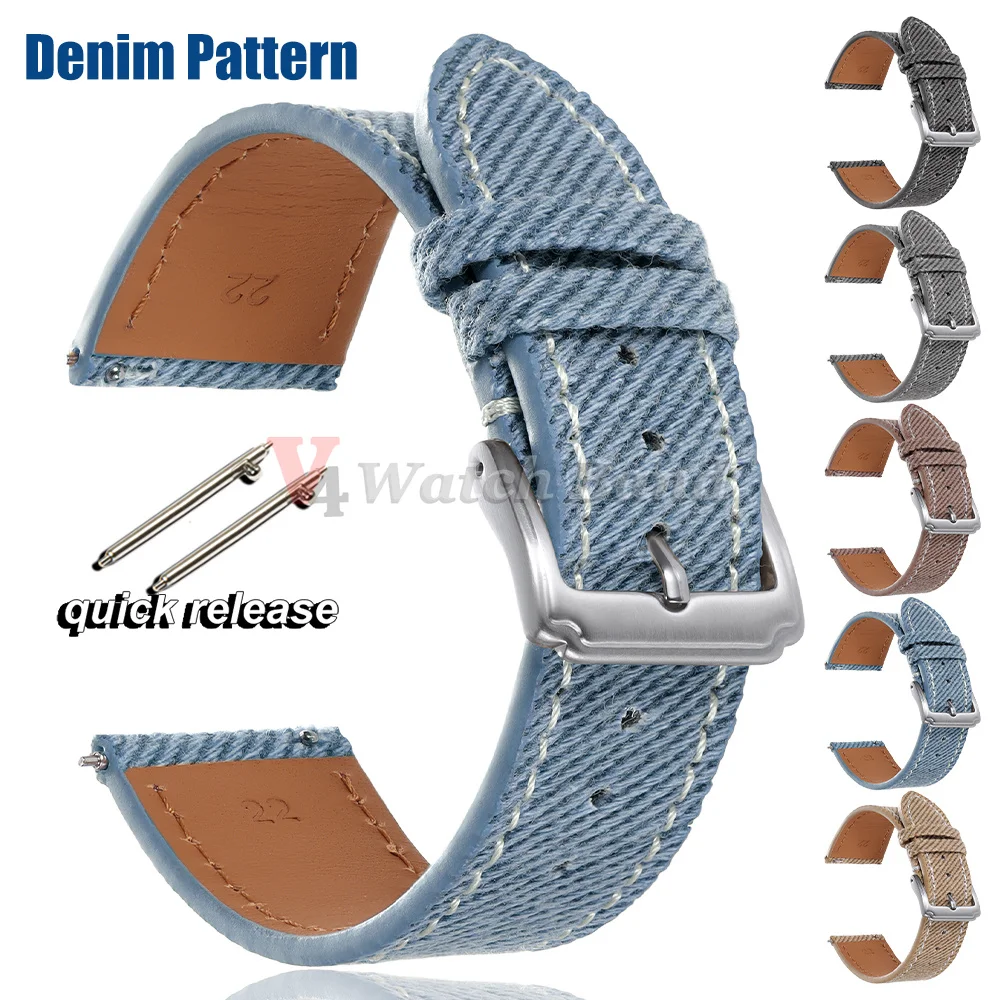 Vintage Denim Pattern Watch Band 18mm 19mm 20mm 21mm 22mm Quick Release Cowhide Strap Universal Canvas Sport Men Wrist Bracelet