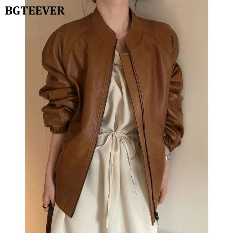 BGTEEVER-chaquetas de cuero sintético para mujer, abrigos elegantes de manga larga con cremallera y bolsillos sueltos, Estilo Vintage, sólido, para Otoño e Invierno