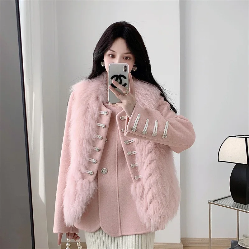 2024 Winter New Style One Piece Three Wear Double sided Cashmere Coat Women's Fox Fur Vest Two Piece Set Wool Fleece Fur Coat