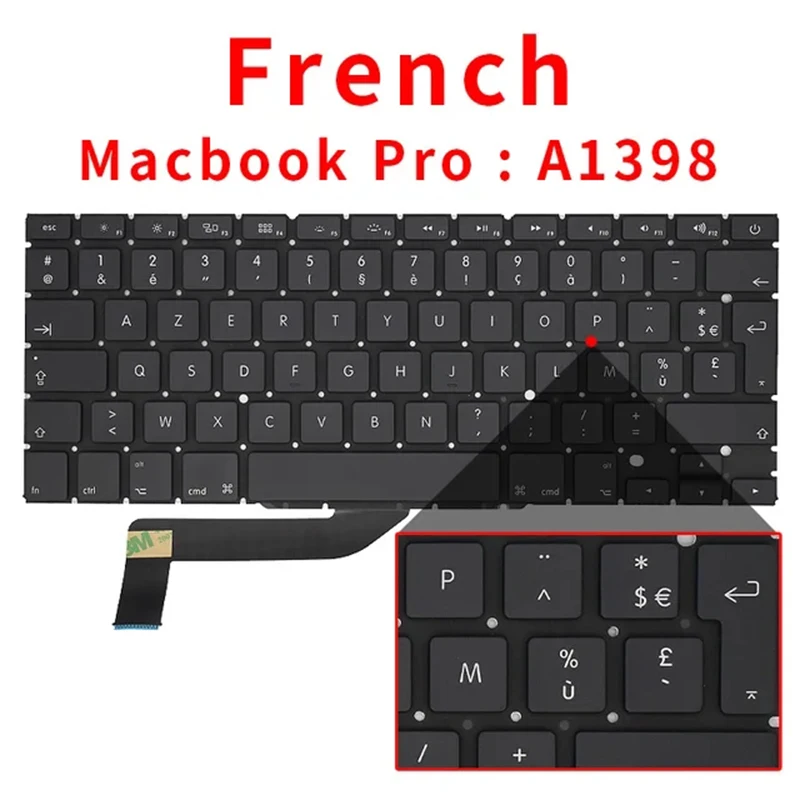 AZERTY Keyboard For Apple Macbook Pro 15" A1398 Replacement FRENCH NO FRAME Notebook Keyboard for laptop