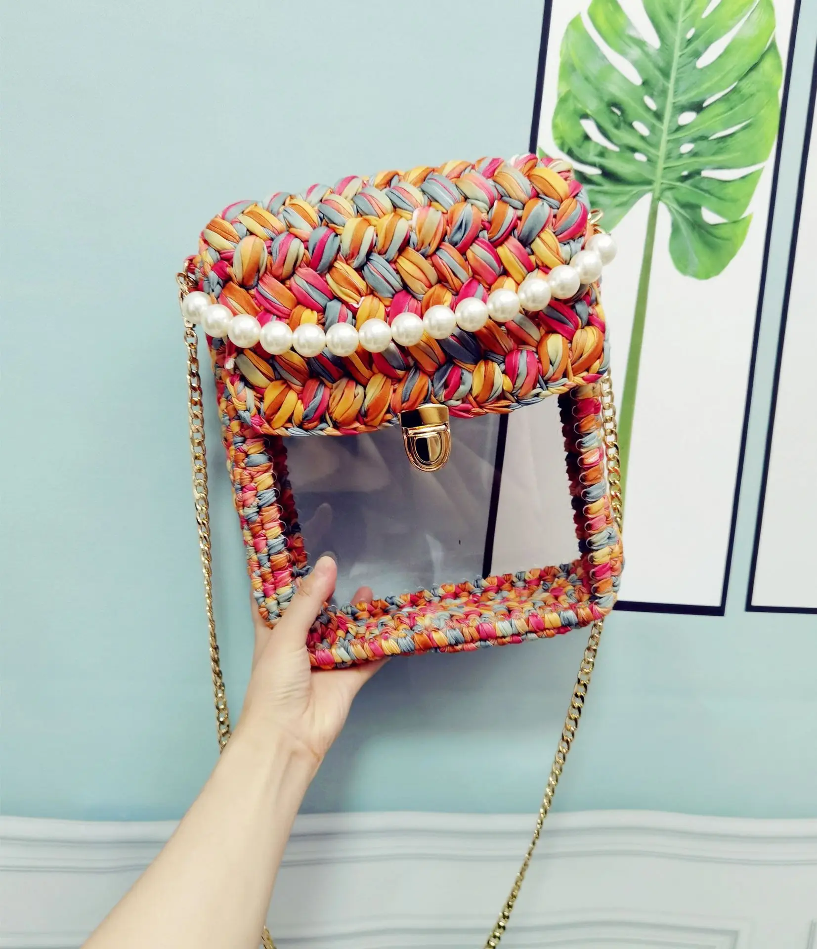 Internet Celebrity Square Flip Lady Crochet Acrylic Transparent Large Capacity Shoulder Portable Leisure Bag