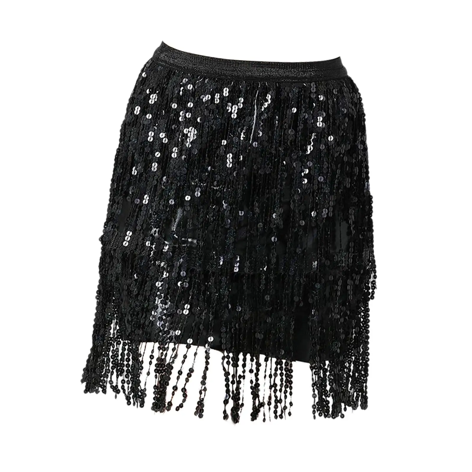 Tassel Sequin Skirt for Women Elastic Waist Fringe Hip Scarf Belly Dance Costume Boho Style for Party Latin Dance Performance